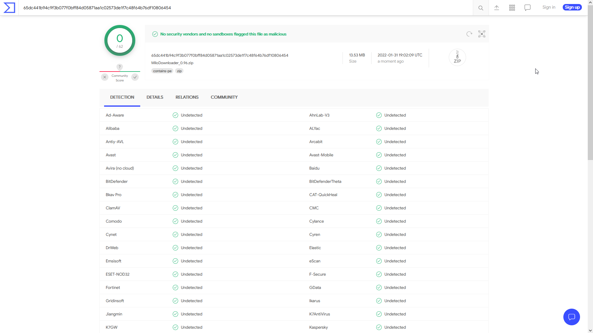 MiloDownloader_0.96_VirusTotal_2022-01-31 12_10_50 File - 65dc441b94c9f3b077f0bff84d05871aa1c02573de1f7c48f64b76df1080.png