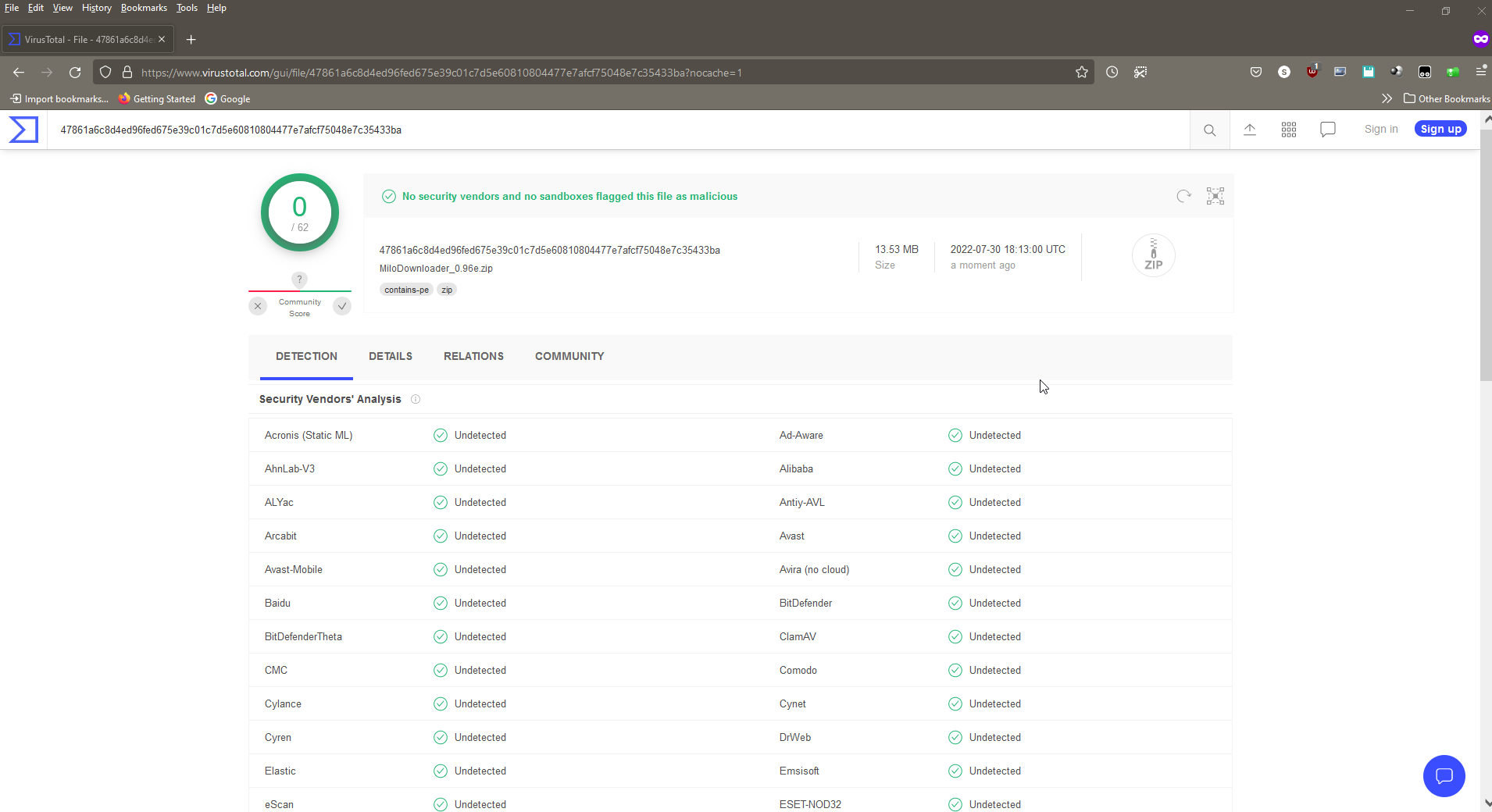 Milodownloader 0.96e 2022-07-30 12_14_32-VirusTotal - File - 47861a6c8d4ed96fed675e39c01c7d5e60810804477e7afcf75048e7c354.png