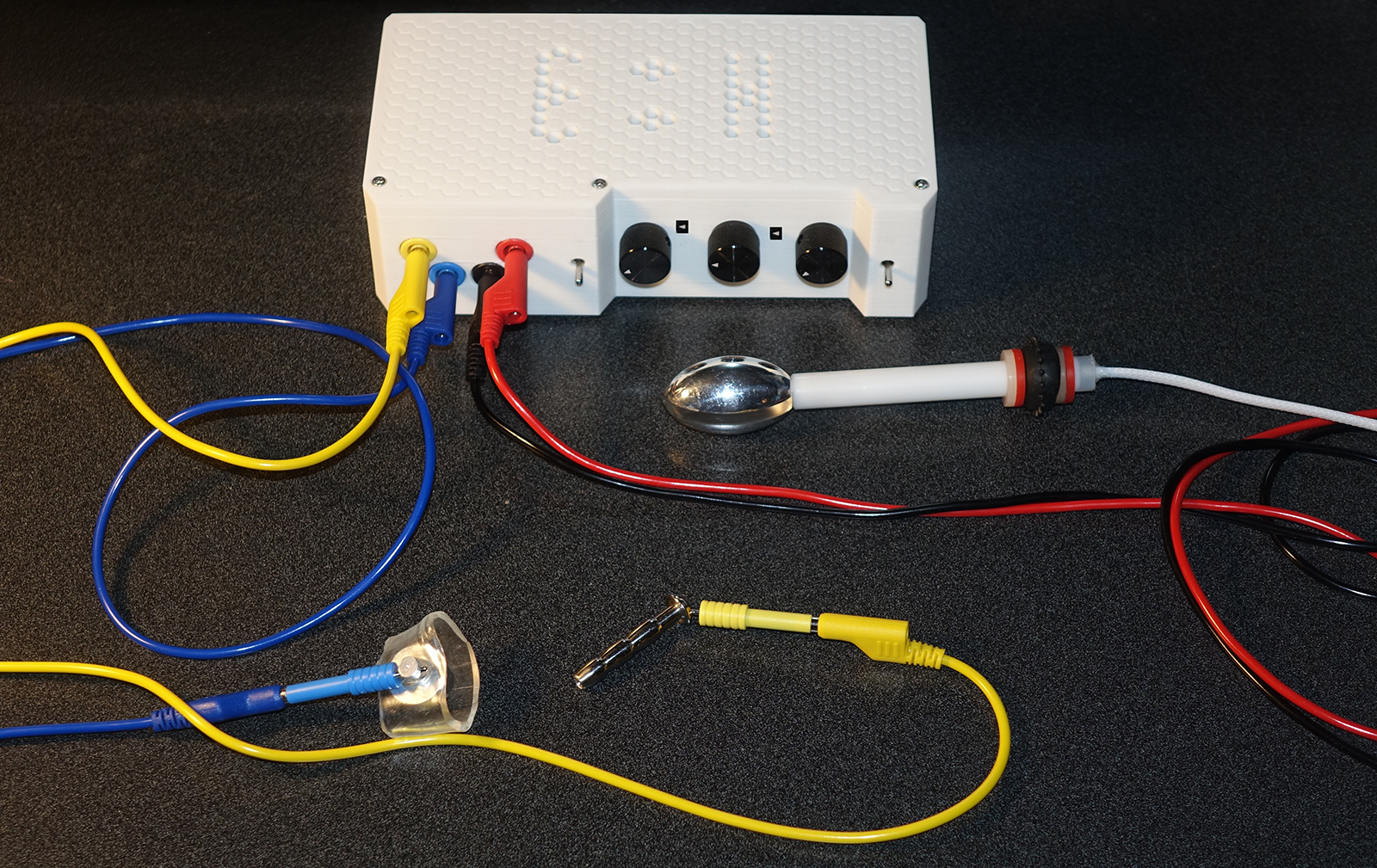 Here is the Estim Hero power box with my electrode set up for the test, which includes my specially modified bipolar anal probe, my glans electrode, and my 8mm diameter hollow urethral electrode.